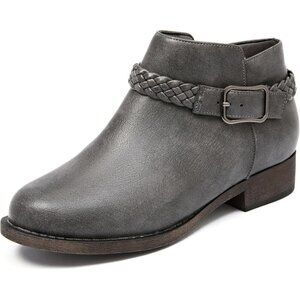 Veittes Women's Grey Comfort Slip On Low Chunky Heel Boot with Buckle Strap